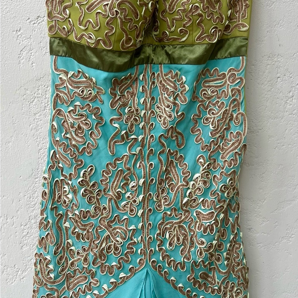 Green and Blue Embroidered Halter Dress with Matching Green Silk Evening Wrap